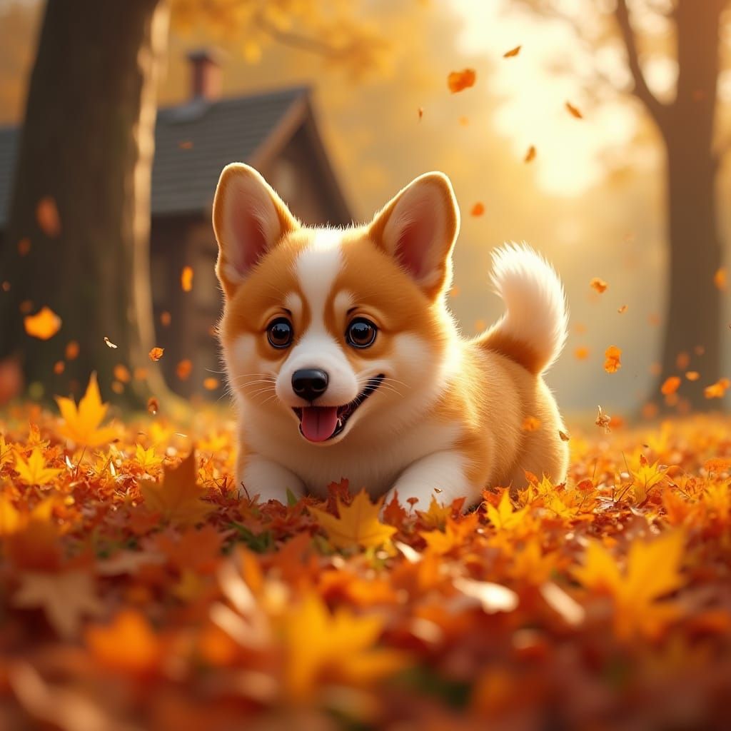 Fluffy Corgi Joyfully Dives Into Autumn Leaves