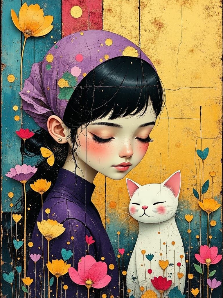 Girl, Cat and Butterflies: Textured Oil Painting