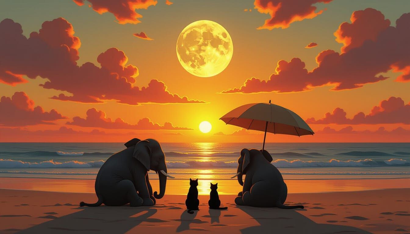 Elephant and Cat Watch Sunset: Dreamlike Beach Scene