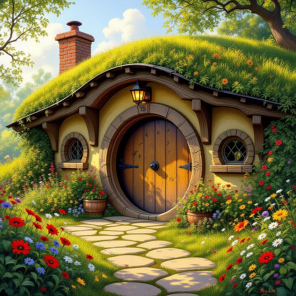 Enchanting Hobbit Hole in a Lush Green Hillside