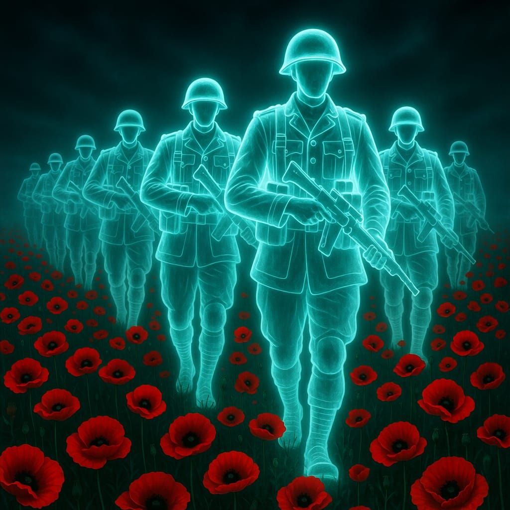 Ghostly Soldiers in Poppy Field for Remembrance Day