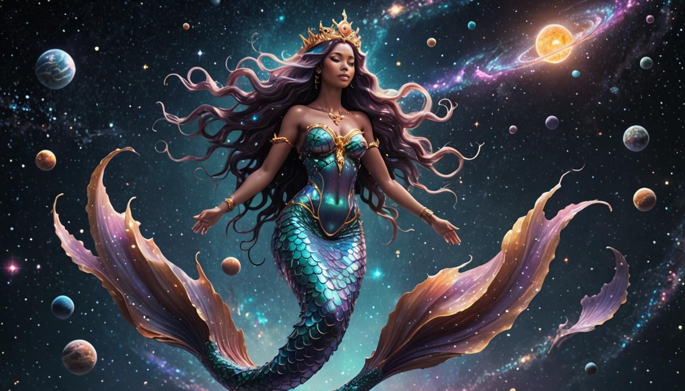 Cosmic Mermaid Goddess in Space: 3D Render