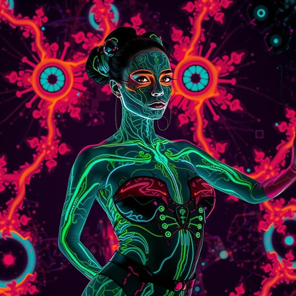 Neon Fractal Fashion in Cyberpunk Editorial Photography