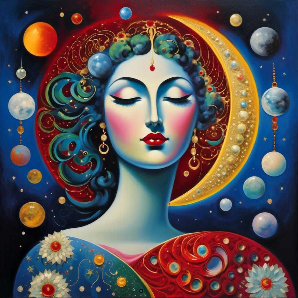 Surreal Moon Face Surrounded by Planets