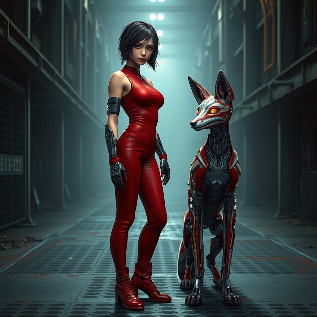 Cyberpunk Woman and Her Cybernetic Fox Companion
