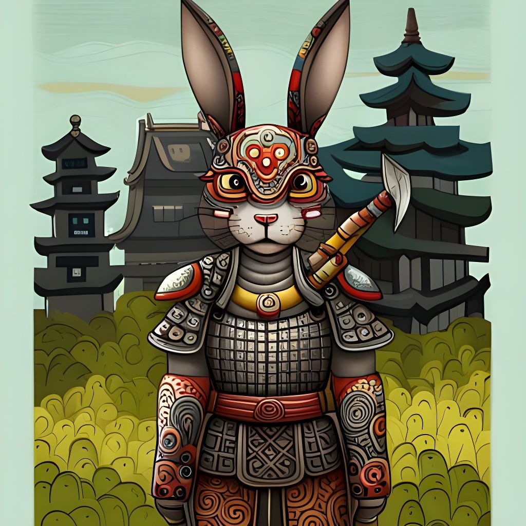 Samurai Rabbit Warrior in Pagoda Forest