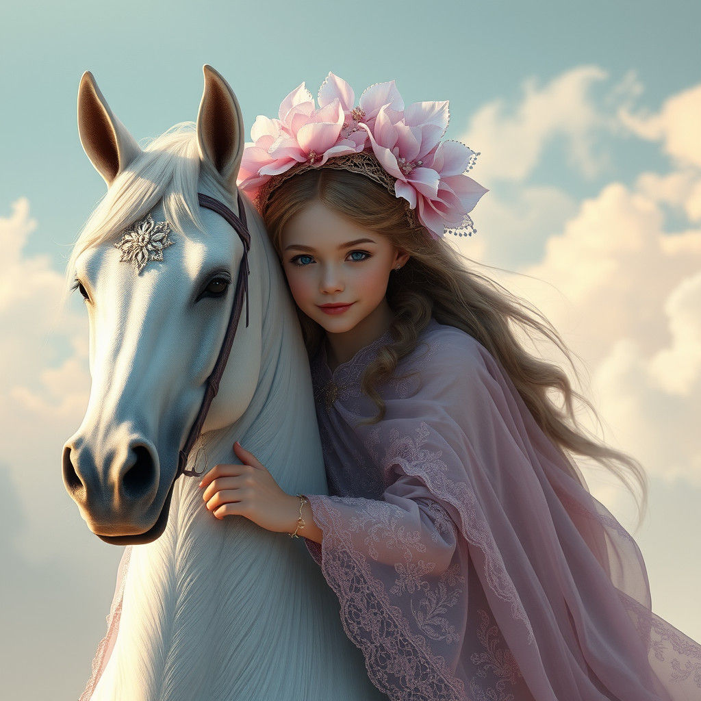 Ethereal Flower Girl on Horse in Art Nouveau Style