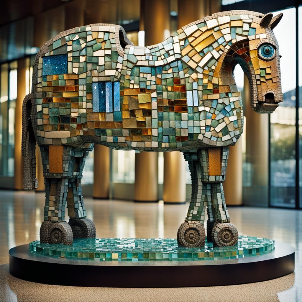 Mosaic Trojan Horse: Surreal Abstract Sculpture