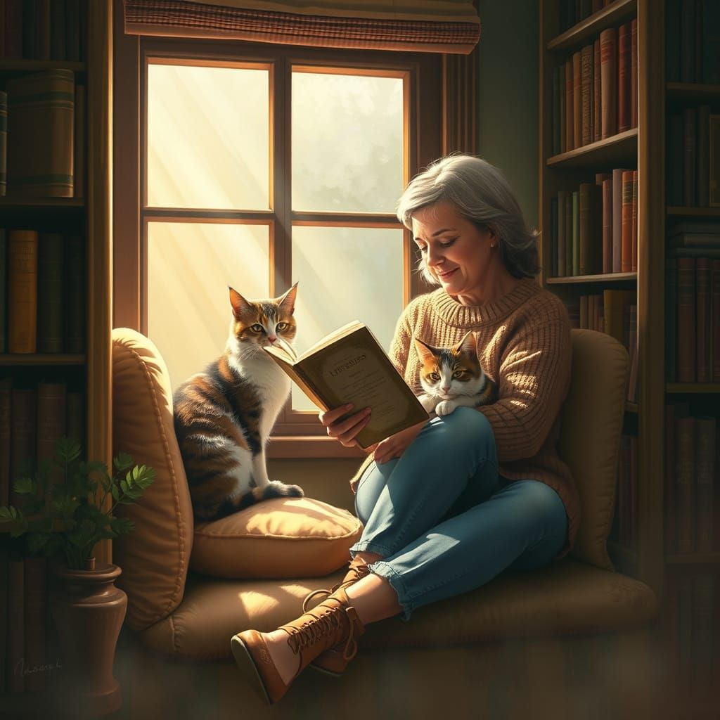 Cozy Window Seat with Reading Woman and Cats