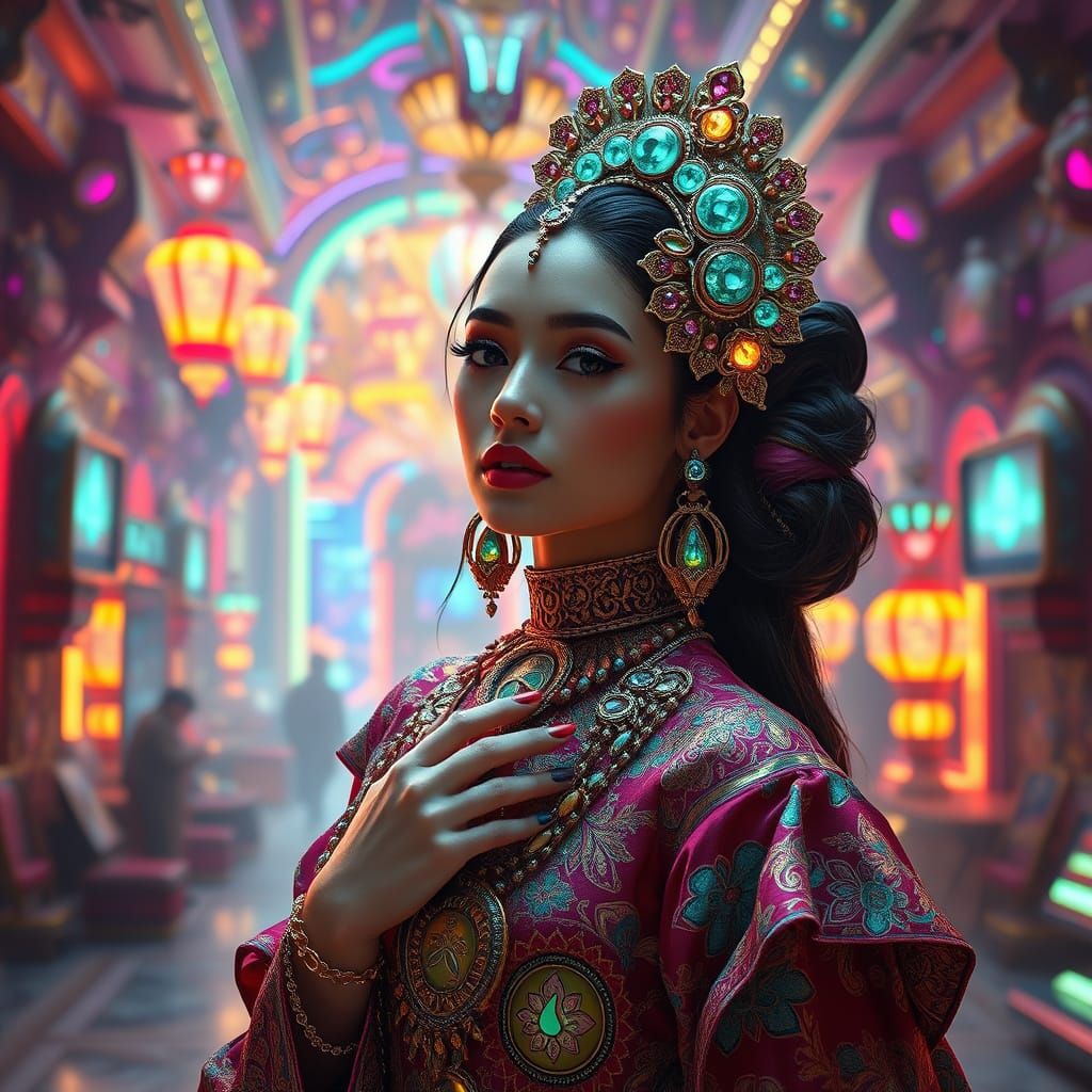 Futuristic Woman in Neon Environment, Hyperrealistic Matte P...