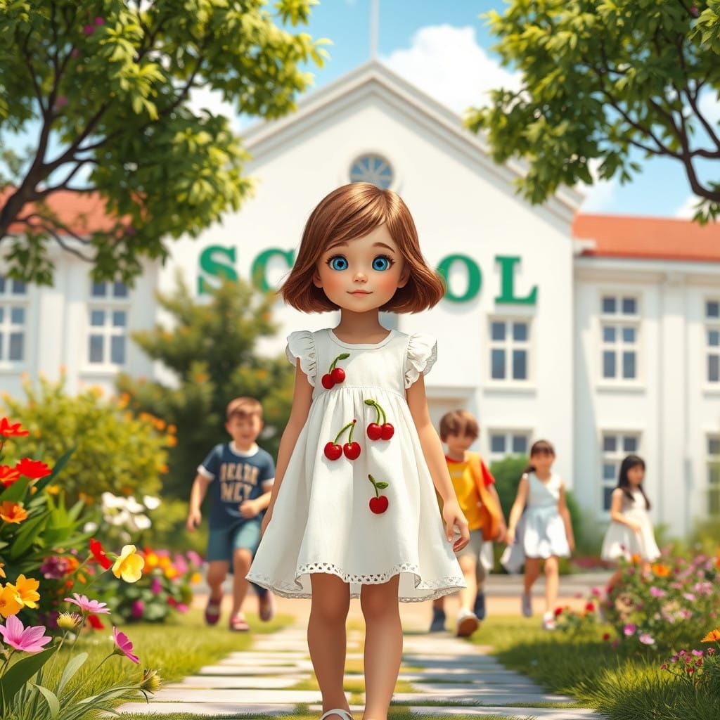 Whimsical School Yard Scene in Vibrant Dreamlike Style