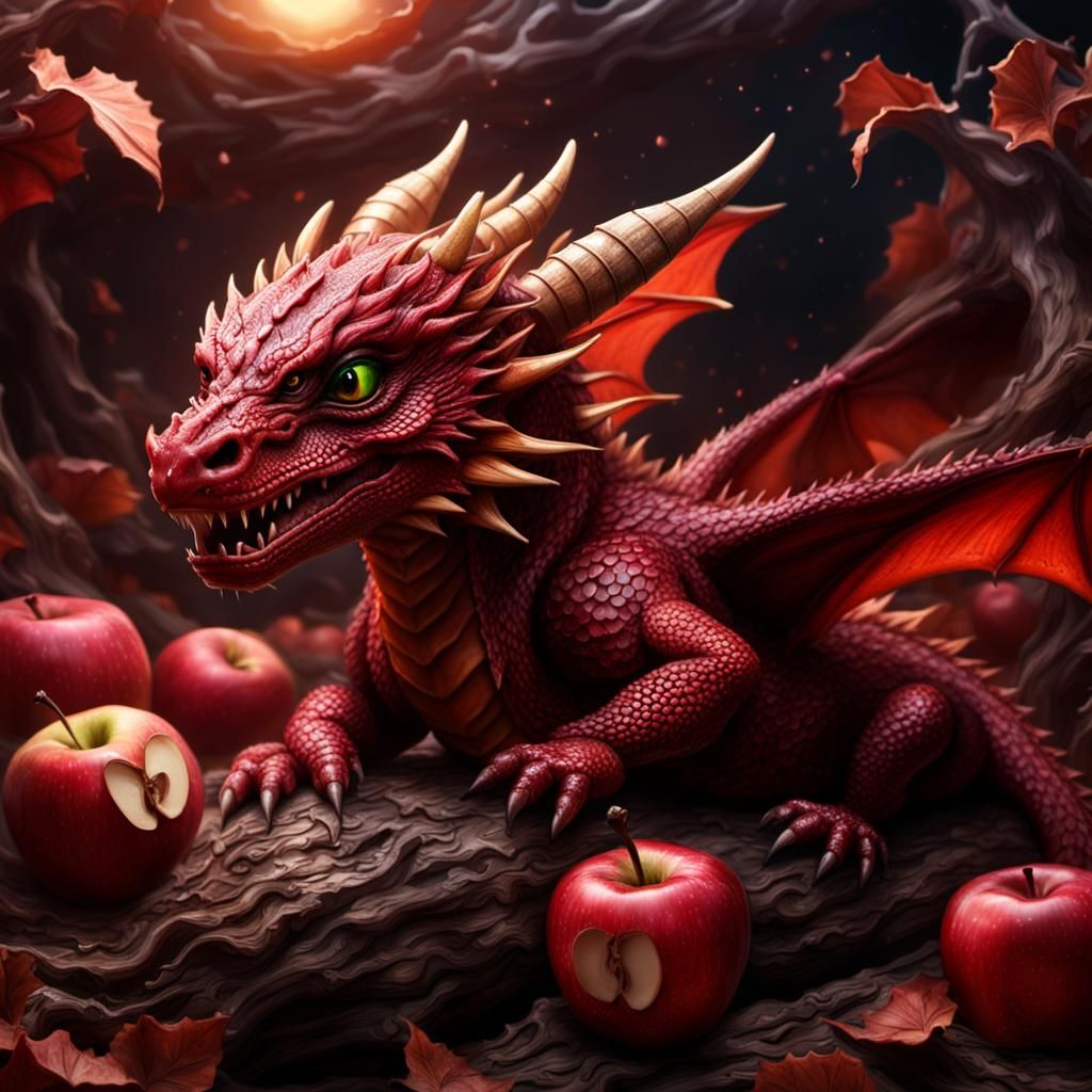 Baby Red Dragon Sleeping in Apple Core