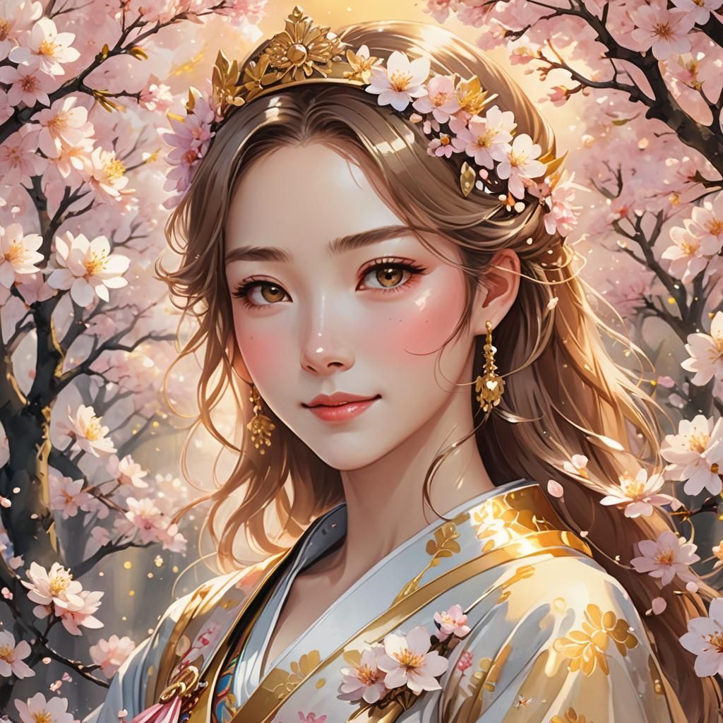 Anime Queen Portrait with Cherry Blossoms