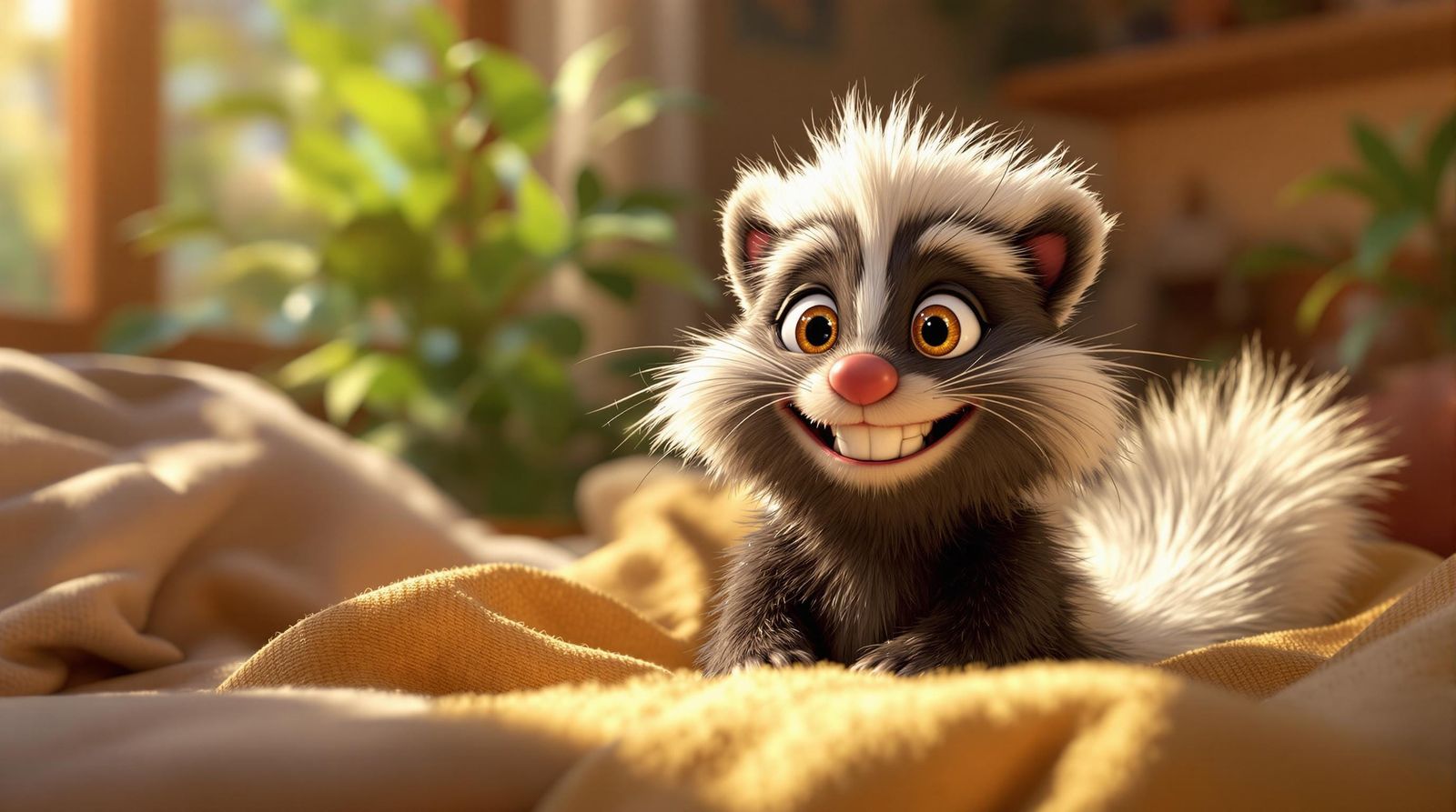 CGI Skunk Smiles in Sunny Living Room