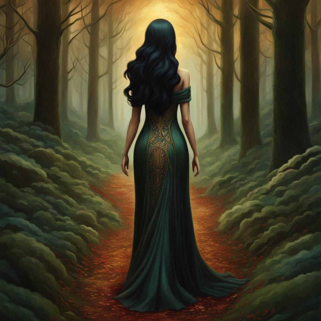 Woman Walking on Forest Path in Maximalist Style