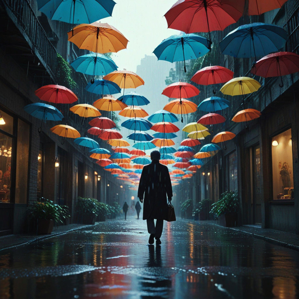 River of Colorful Umbrellas Basked in Cinematic Lighting