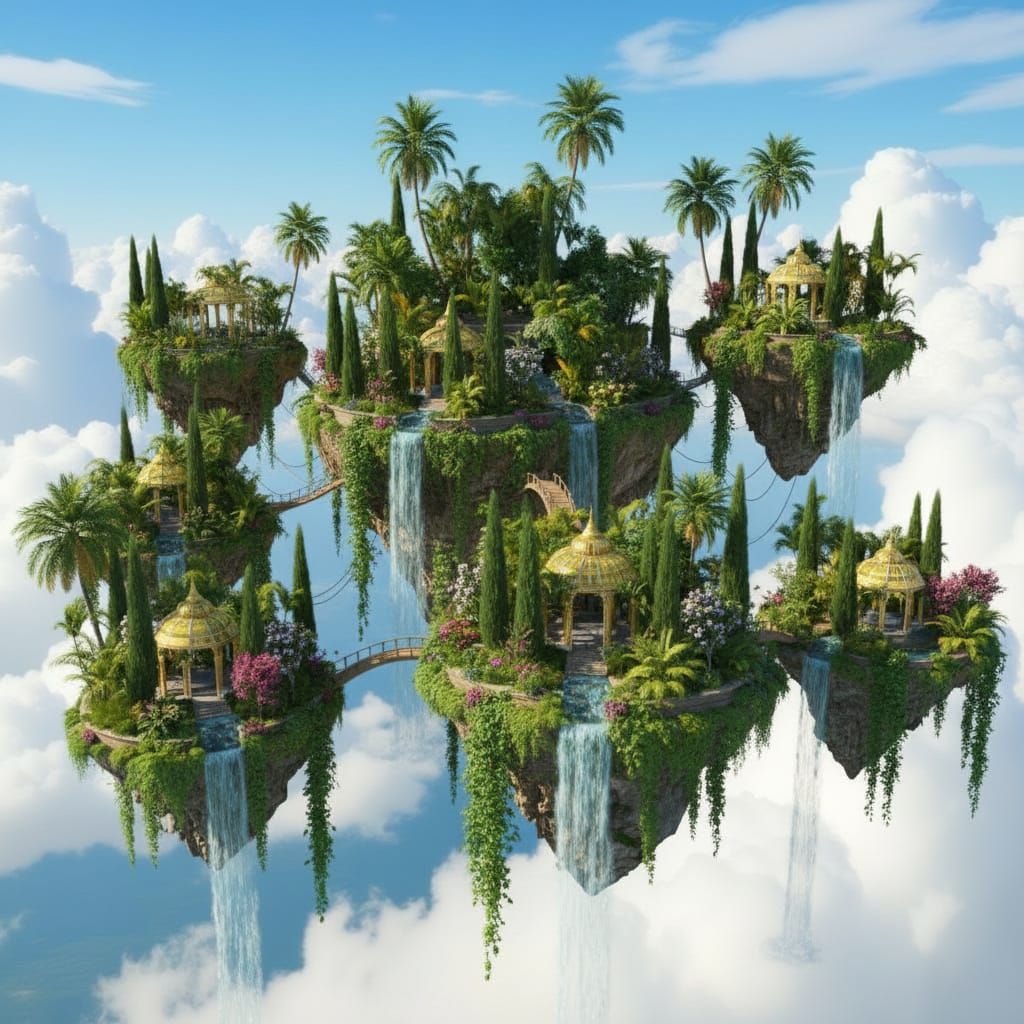 The Hanging Gardens of Babylon as lush floating island parad...