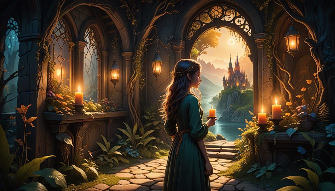Whimsical Fantasy Girl Stands at Threshold of Enchanted Worl...