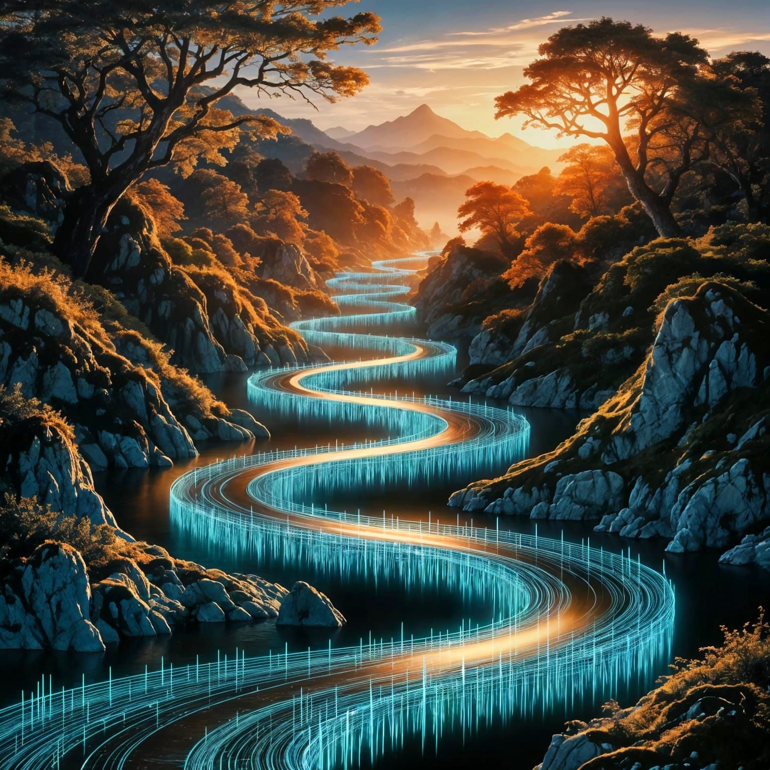 Digital Data River in Golden Sunset Landscape
