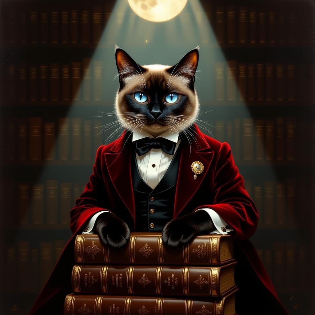 Siamese Cat in Library: Victorian Oil Painting Style