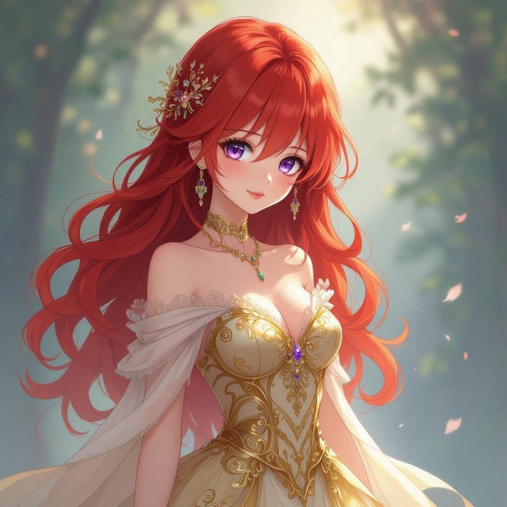 Majestic Anime Goddess in Vibrant Red Hair and Gold Regalia
