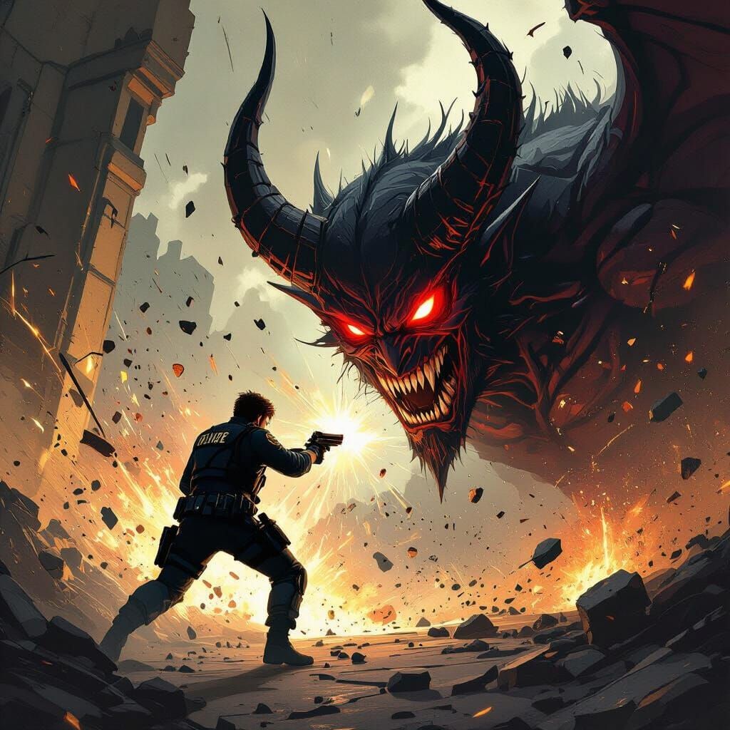 Demon Clashes with Leon Kennedy in Dark Fantasy Style