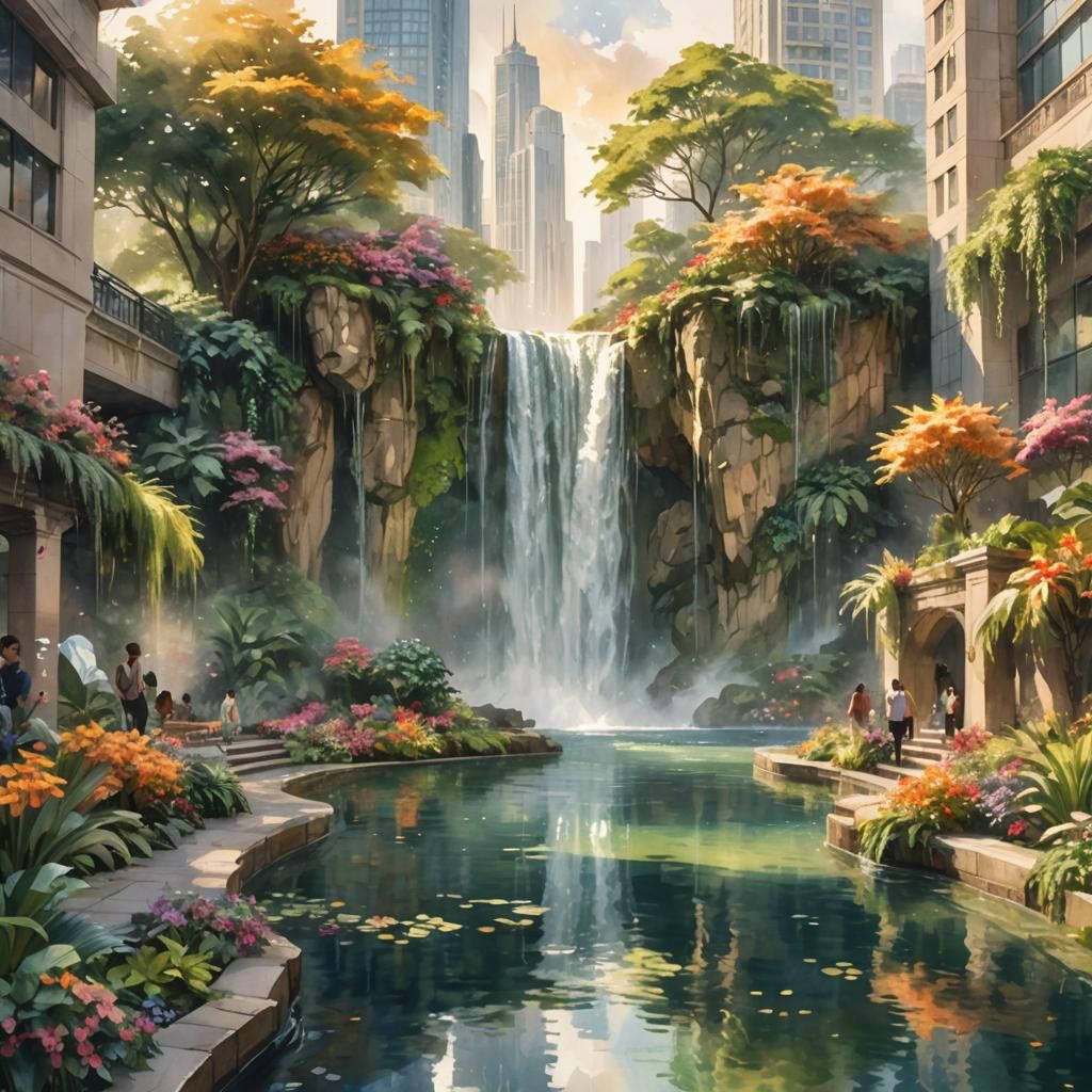 Majestic Fairytale Waterfall Amidst Cityscape in Watercolor