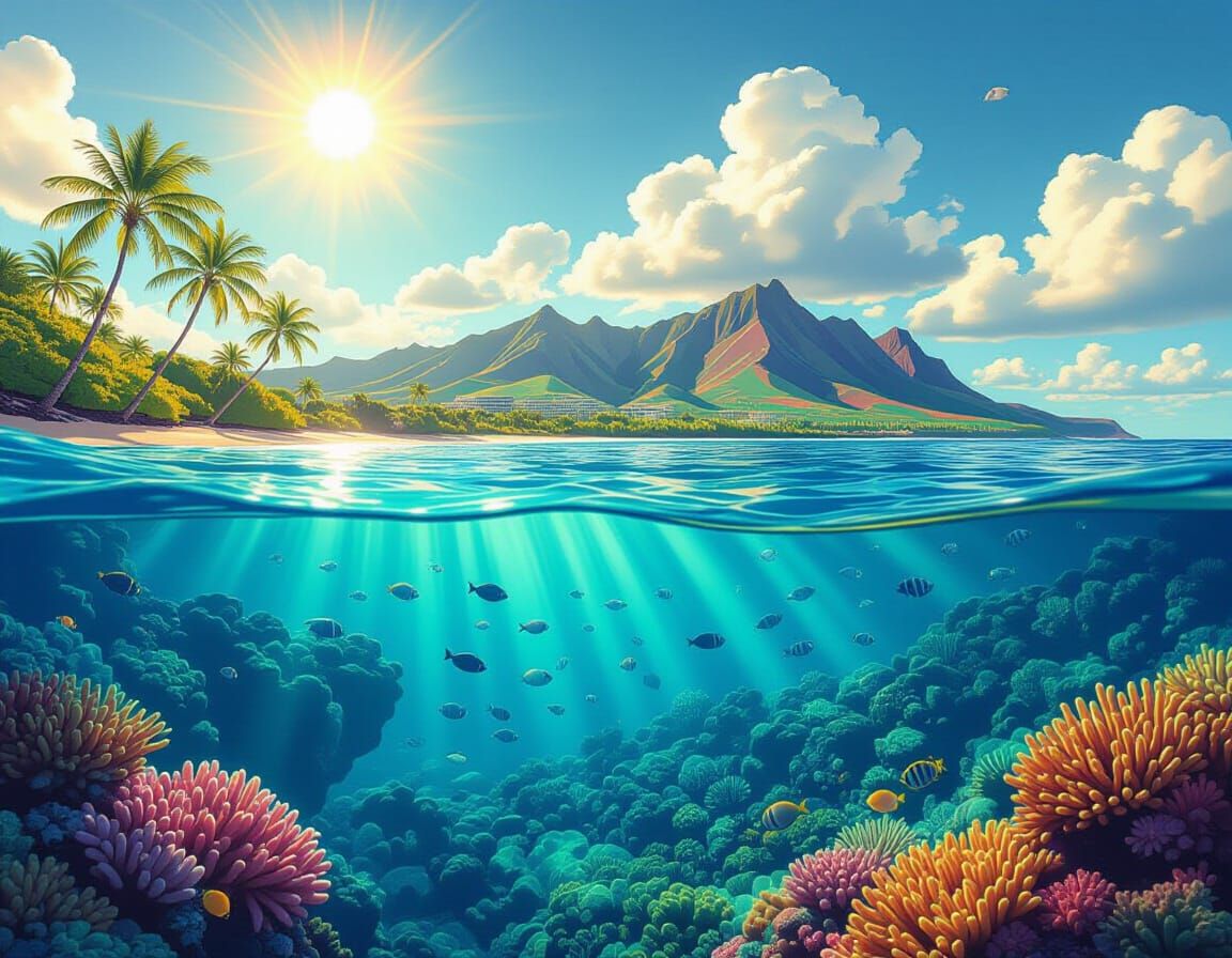 Hawaiian Island and Coral Reef in Film Noir Style