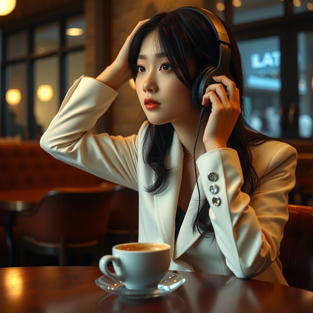 Japanese Girl in Cafe Listening to Music