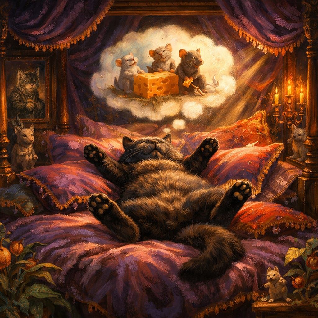 Cozy Black Cat Sleeps on Velvet Bed Dreaming of Mice
