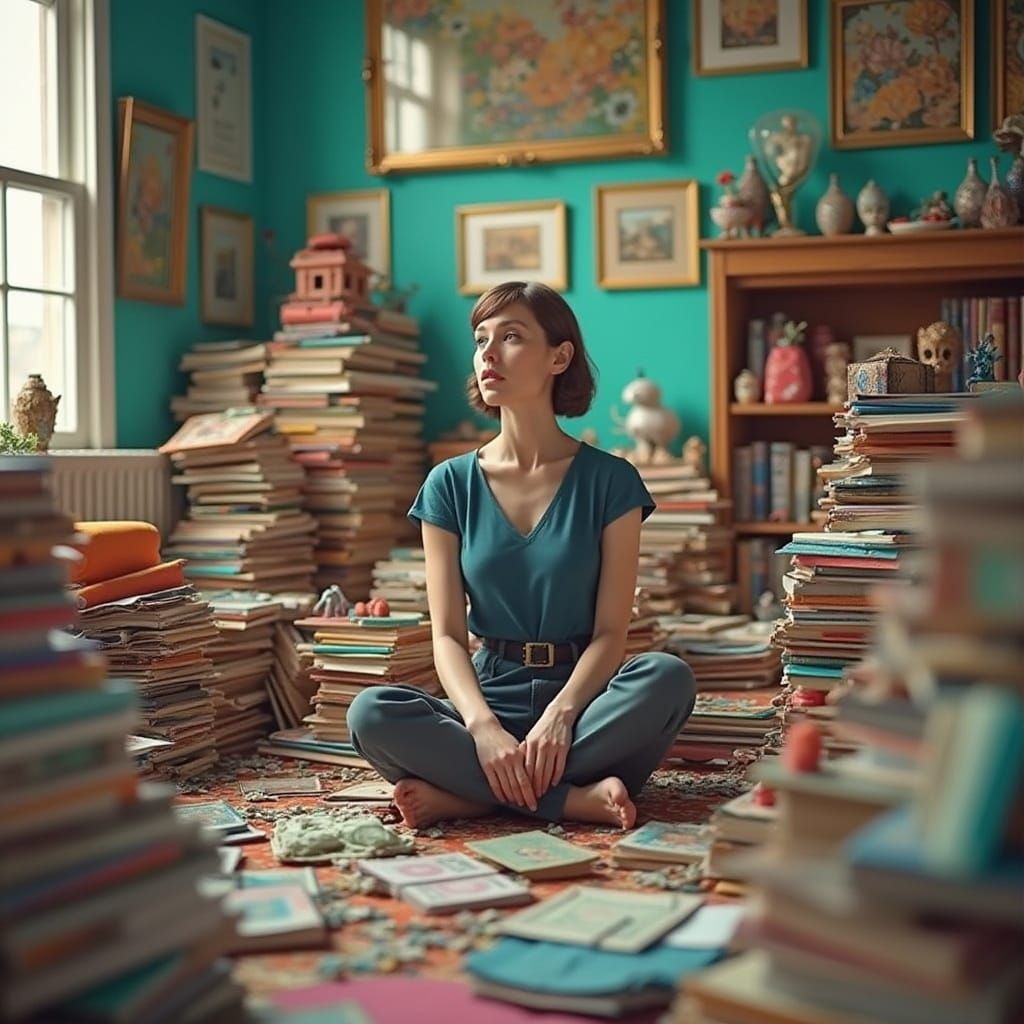 Contemplative Woman in Vibrant, Maximalist Environment
