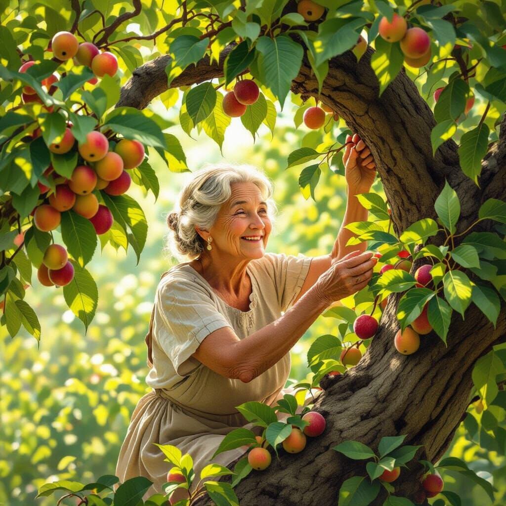 Elderly Woman Picks Fruit From Lush Tree in Dappled Sunlight