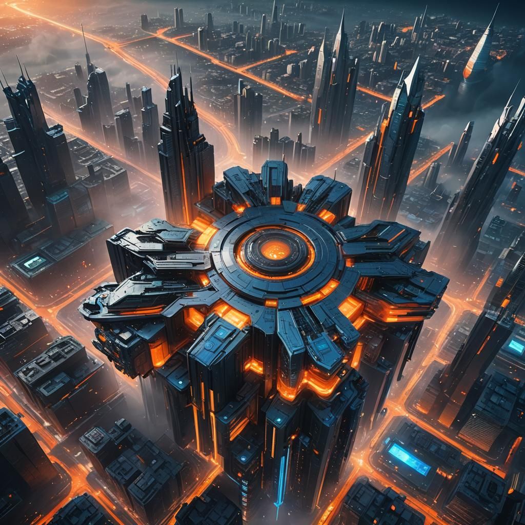Futuristic Supercomputer Over City: Concept Art
