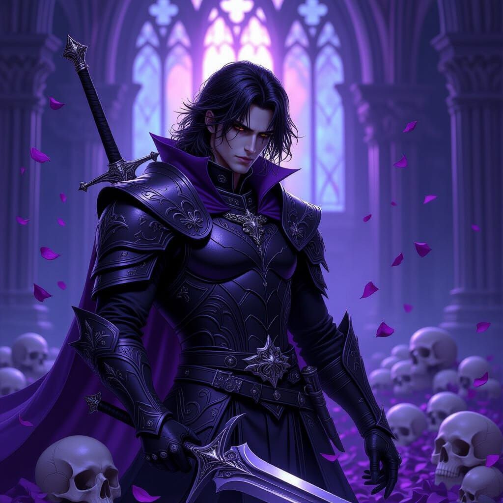 Dark Fantasy Warrior in Gothic Armor Amidst Skulls
