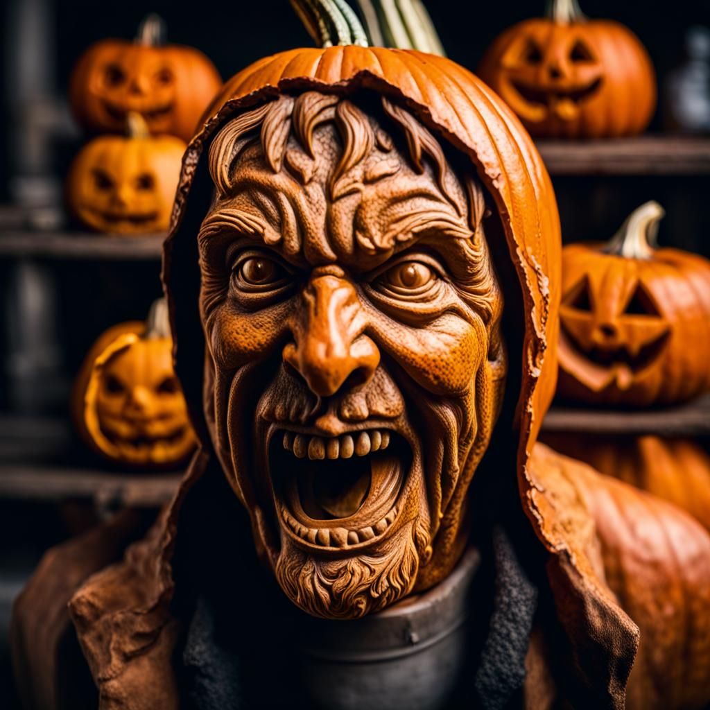 Pumpkin Head Homeless Man Screaming in Desperation