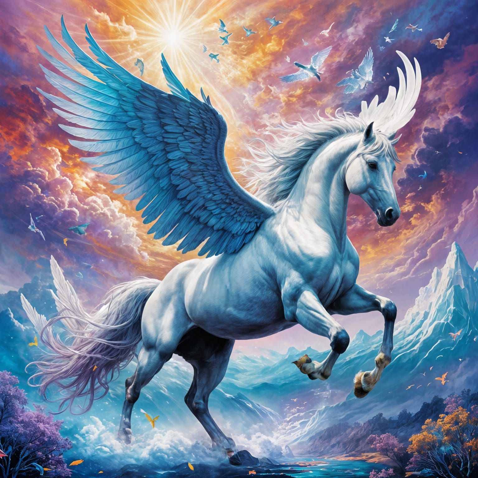Create an awe-inspiring, hyper-detailed scene of a majestic Pegasus—an ethereal white horse with a flowing mane and tail...