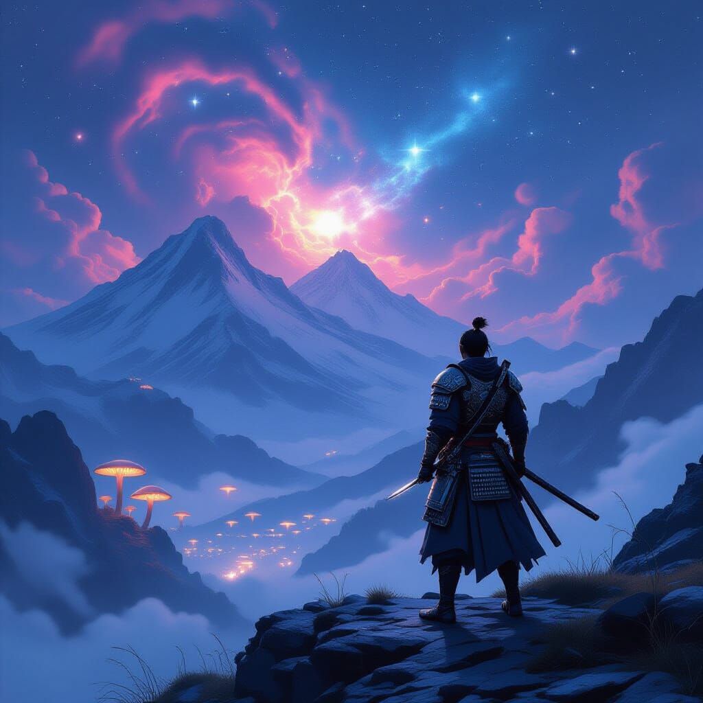 Samurai Warrior Gazing at Cosmic Nebula on Mountain Peak