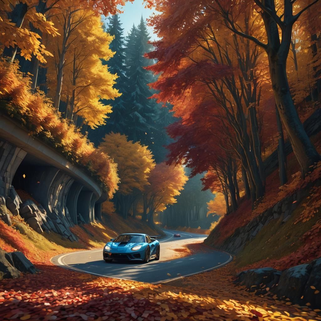Racing Car on Autumn Highway: Digital Matte Painting