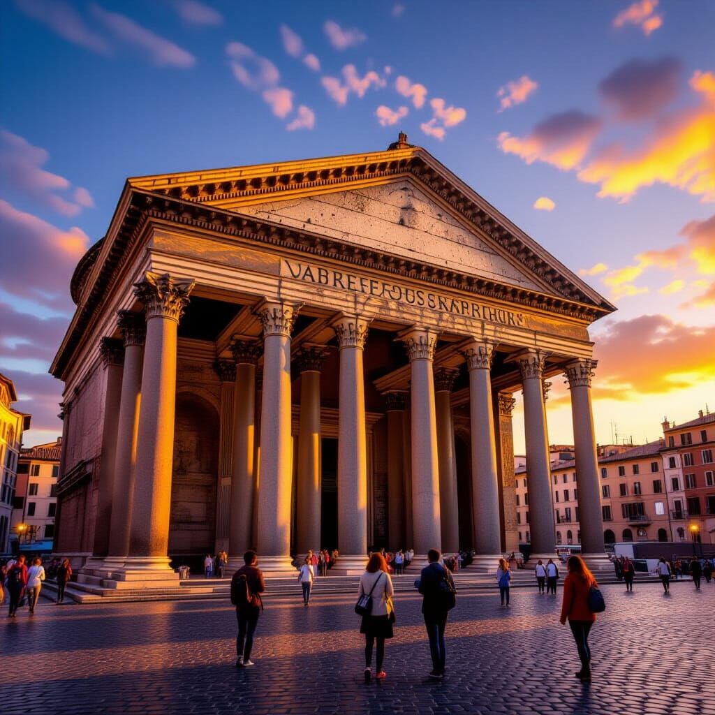Roman Pantheon at Sunset: Tourists Admire Grand Facade