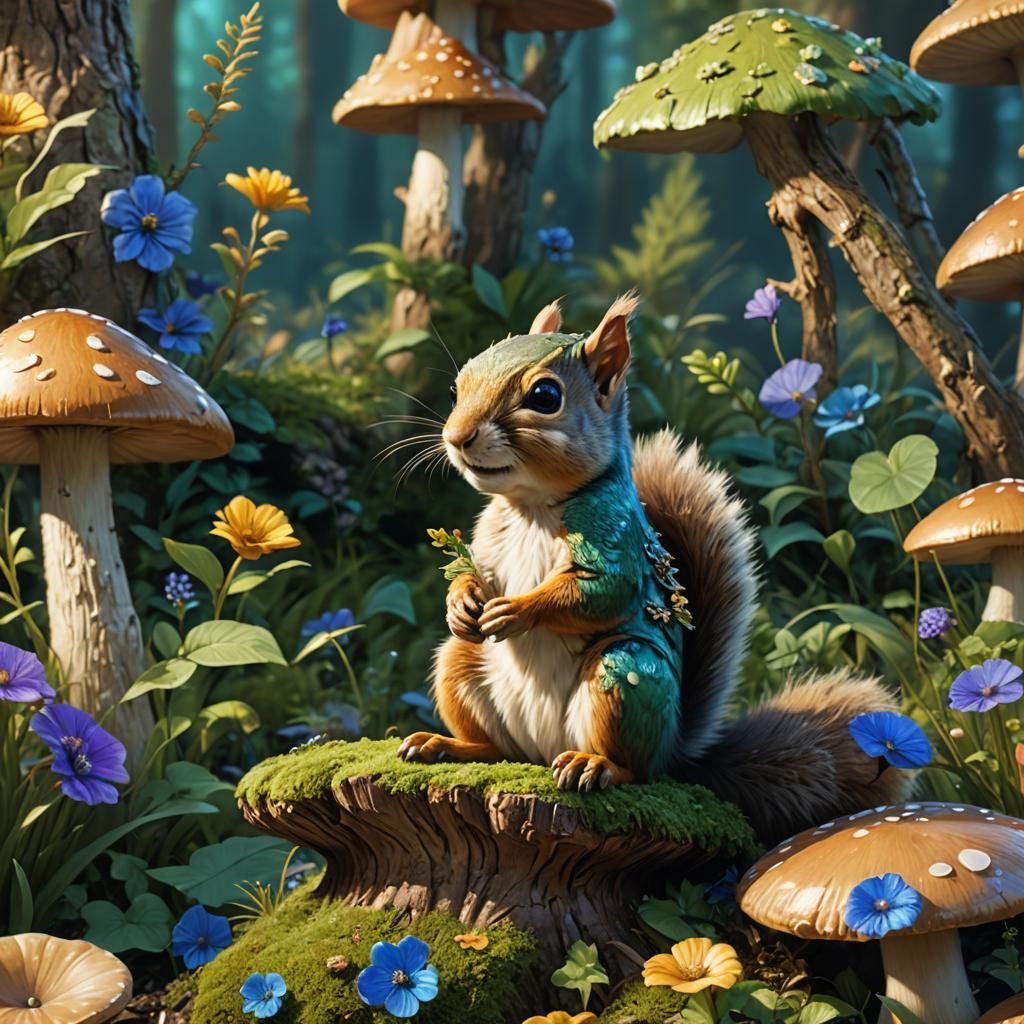 Adorable Squirrel on Toadstool, Fantasy Concept Art