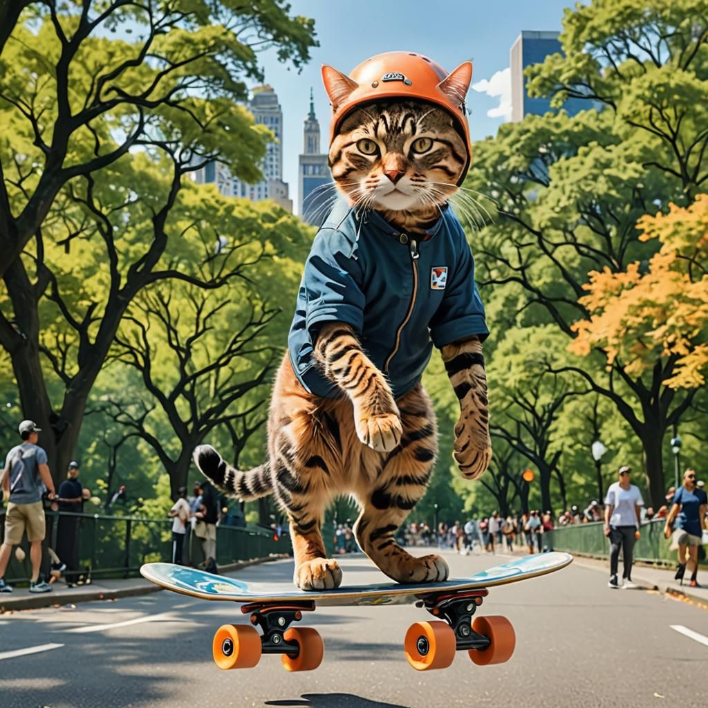 Sporty Cat on Skateboard in Central Park