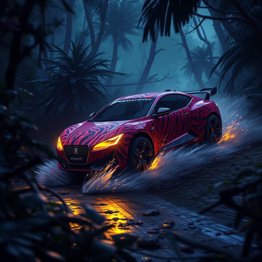 Surreal Concept Art of a Tiger-Patterned Peugeot Drifting in...