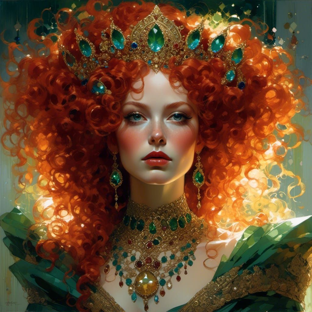 Gorgeous Red-Haired Queen with Rainbow Gems