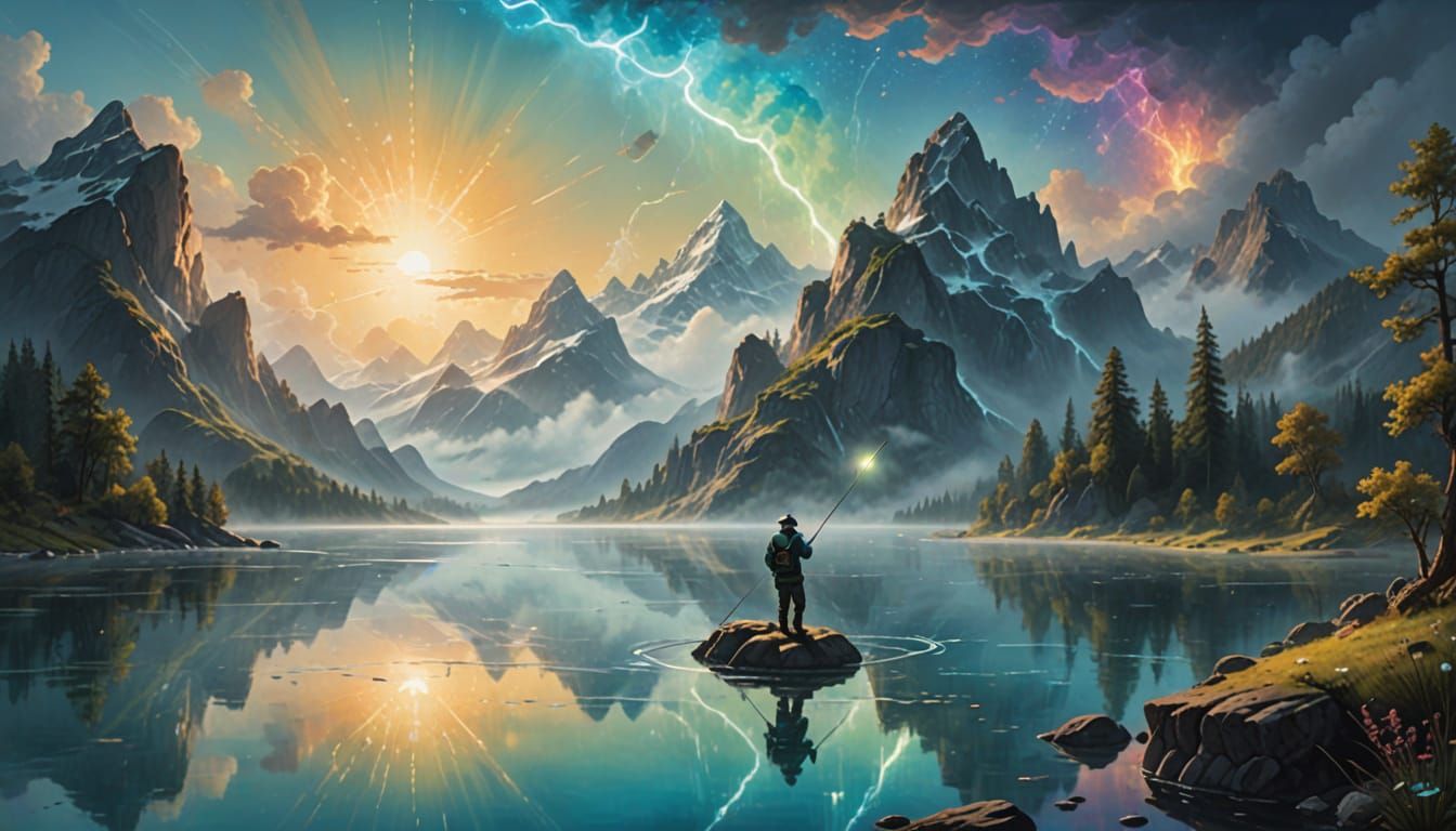 Fantasy Fisherman with Glowing Rod by Misty Lake