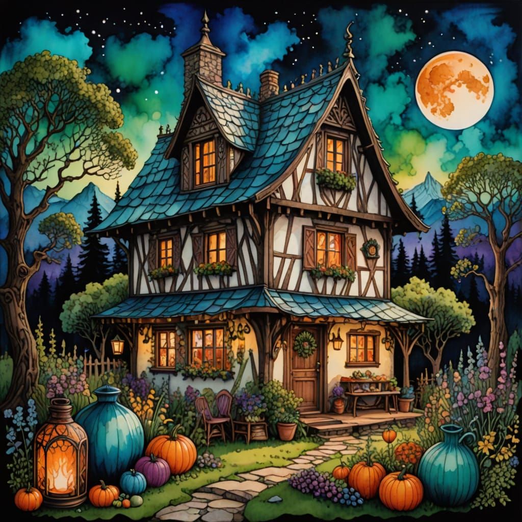 Intricately detailed alcohol ink illustration, cosy witchy c...