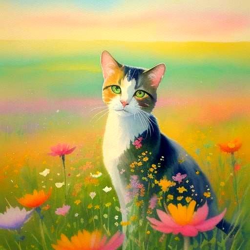 Calico Cat in Texas Meadow Watercolor Painting