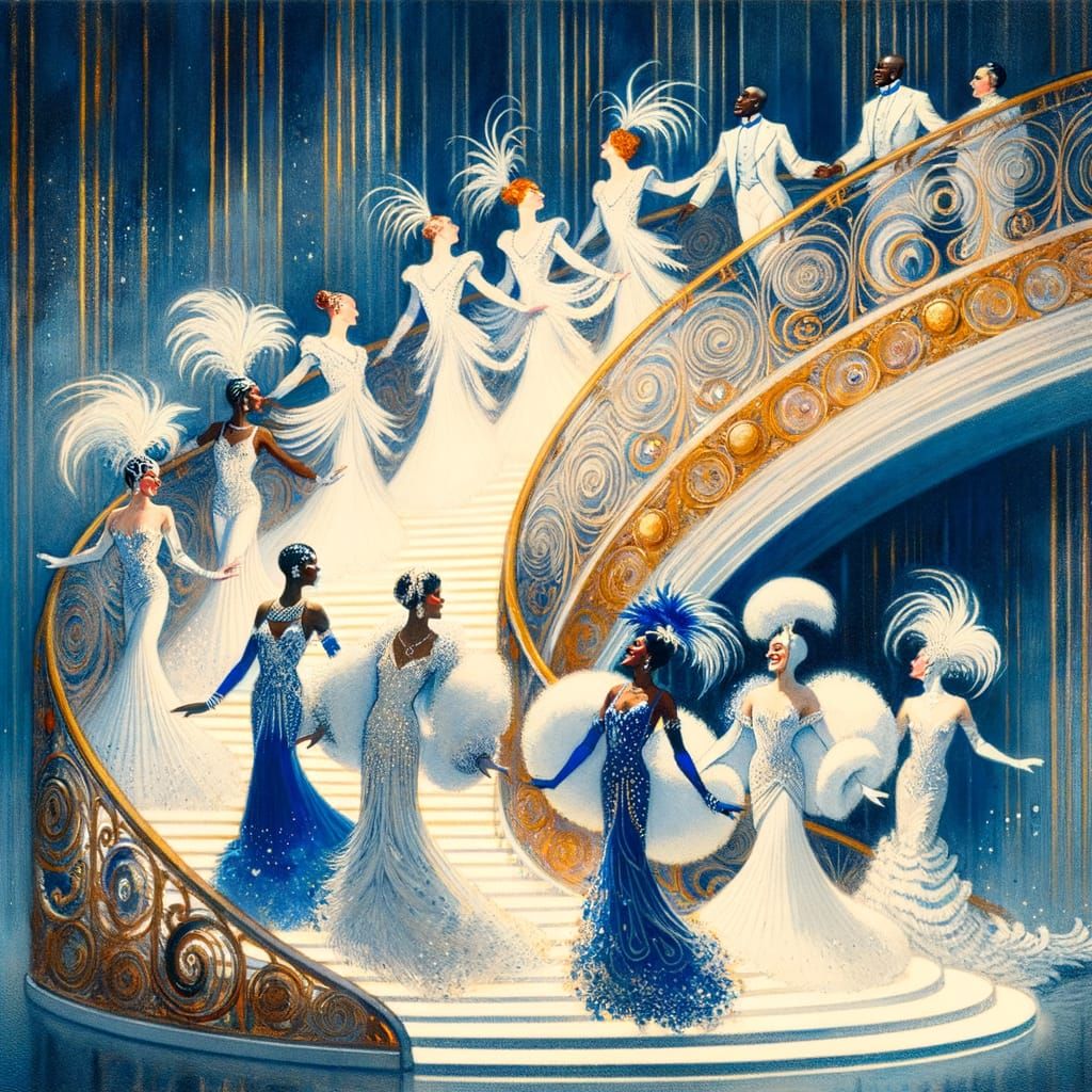 Elegant Showgirls Descend Staircase in Romanticism Style