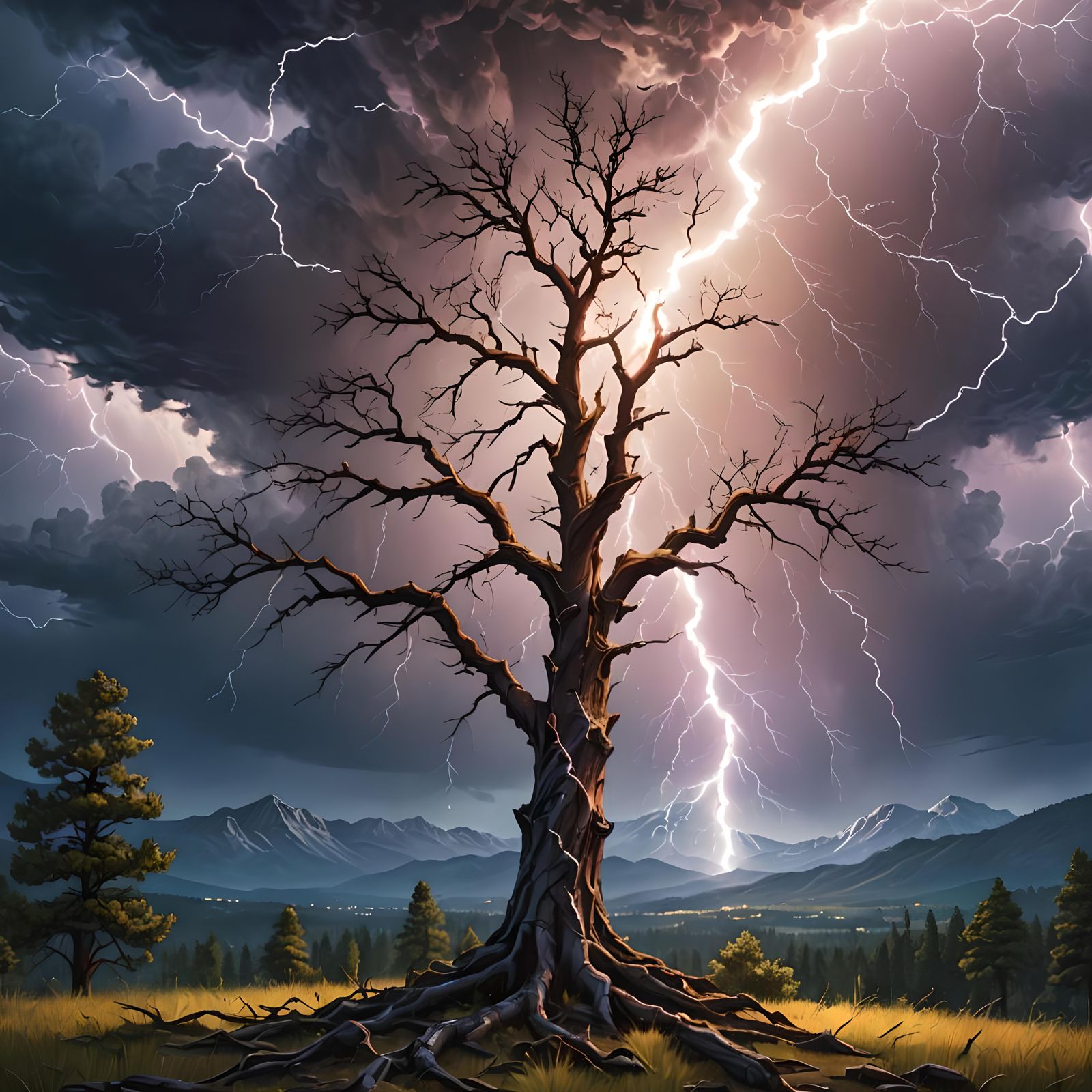 Dramatic Lightning Strikes Lone Tree: Hyperrealistic Splash ...