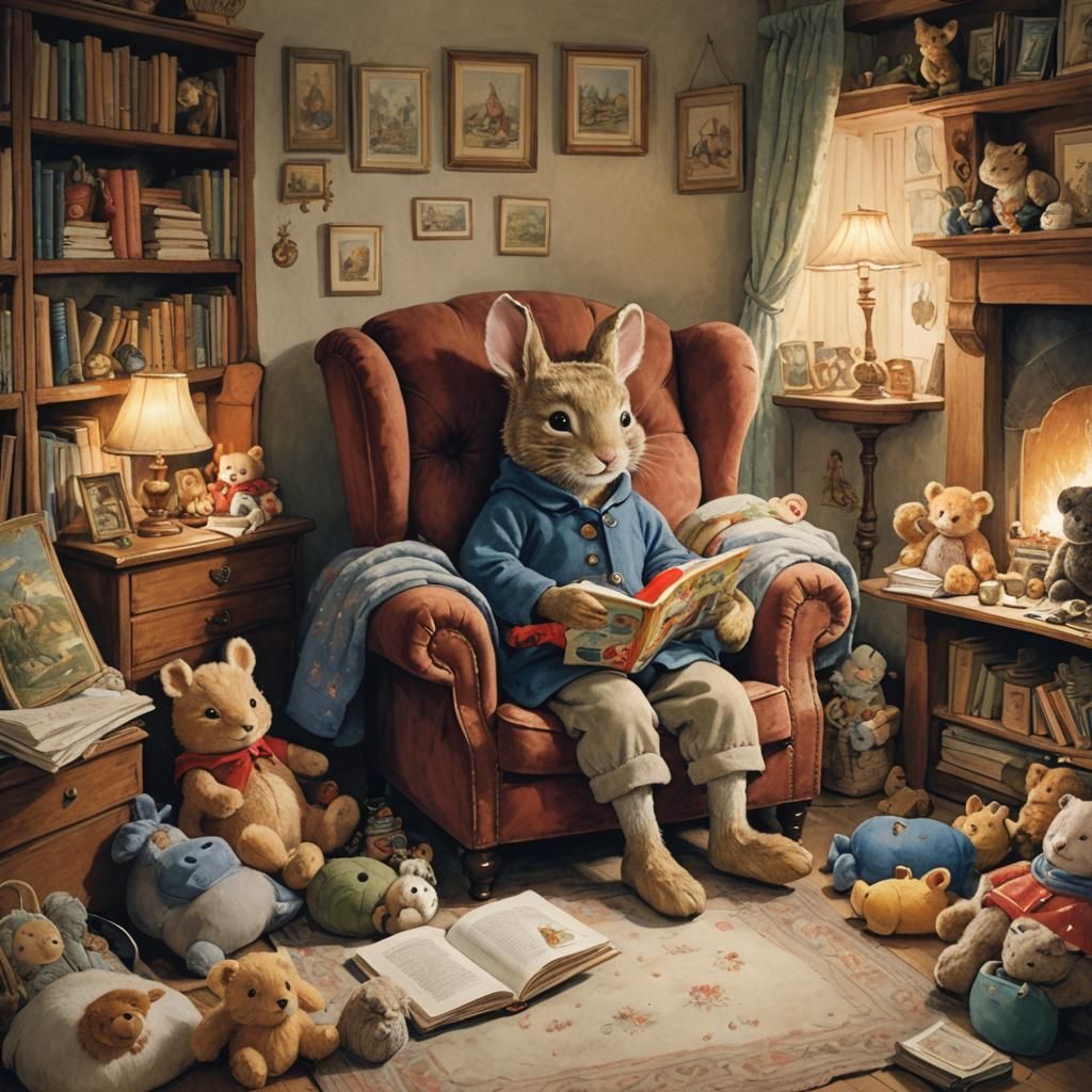 Cozy bedtime stories in Grandma's attic, art by Beatrix Potter and Richard Scarry, an claustrophobic portrait of a child...