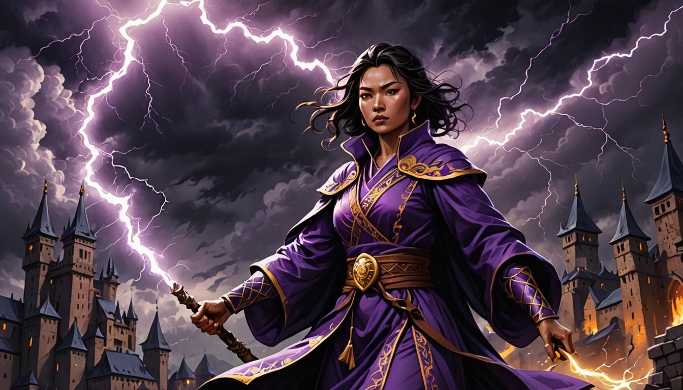 Asian Warlock with Glowing Staff in Vector Art